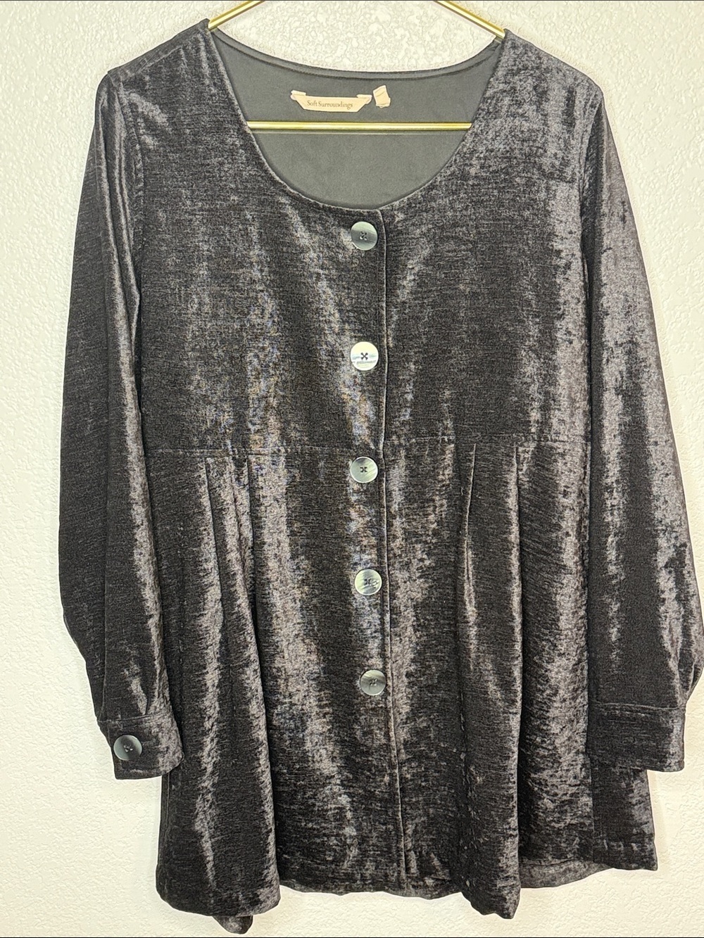 Soft Surroundings Black Fiona Tunic Shirt Jacket Collarless Size Medium Witchy